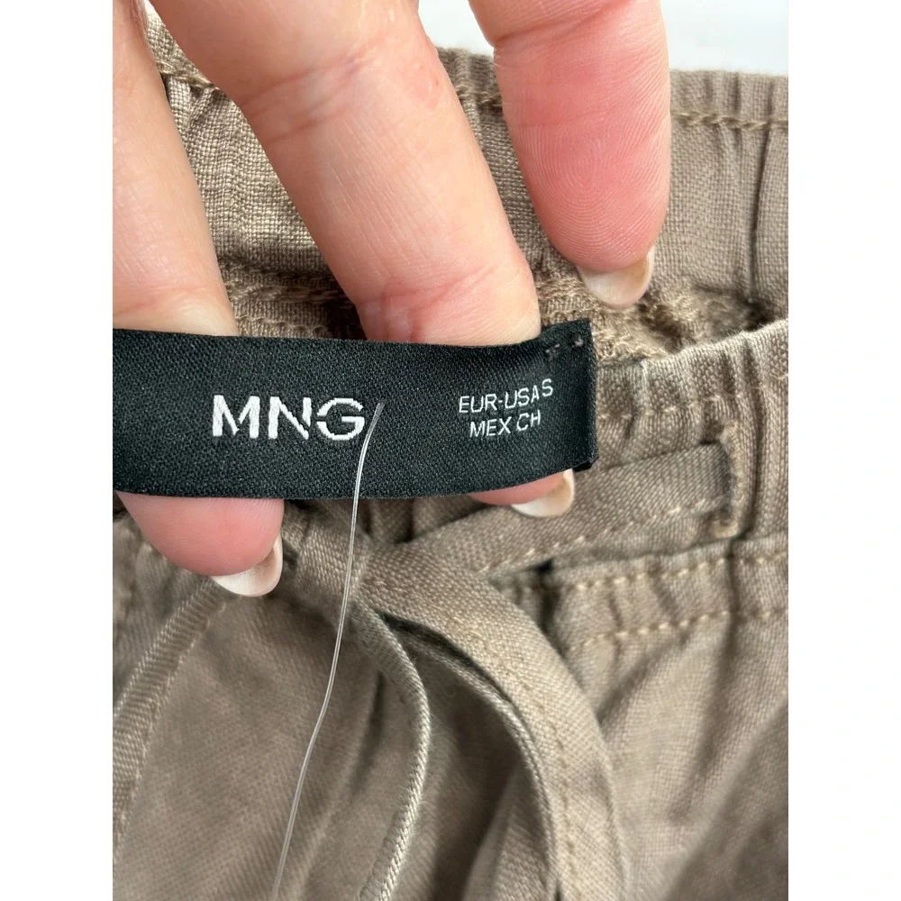 Mango MNG Women Medium Brown Linen Blend Drawstring Waist Trousers Size S NWT